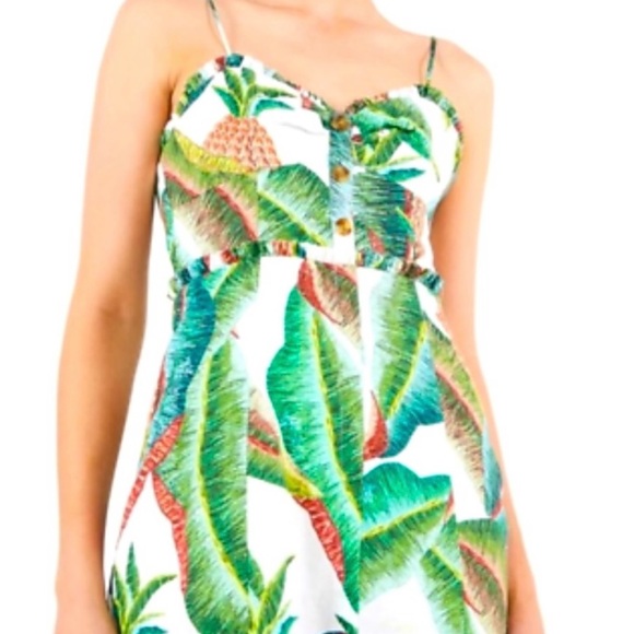 Farm Rio NWOT Forest Palm Linen Dress with adjustable Straps & Rushed back. - Picture 2 of 15